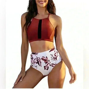 Ekouaer Women Halter Bikini Swimwear Two Piece High Waisted Red Wine Large NWT